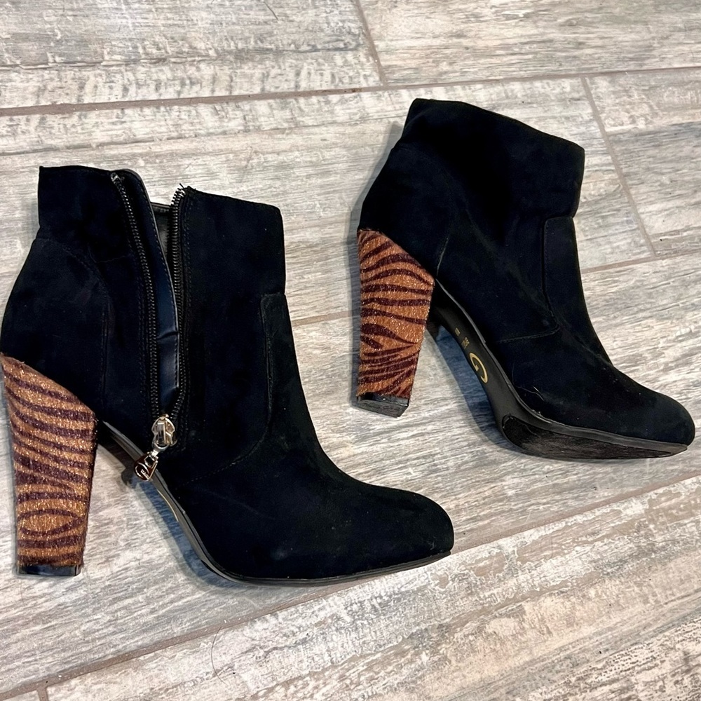 G by Guess | Black Suede Ankle Boot Tiger Stripe Heel